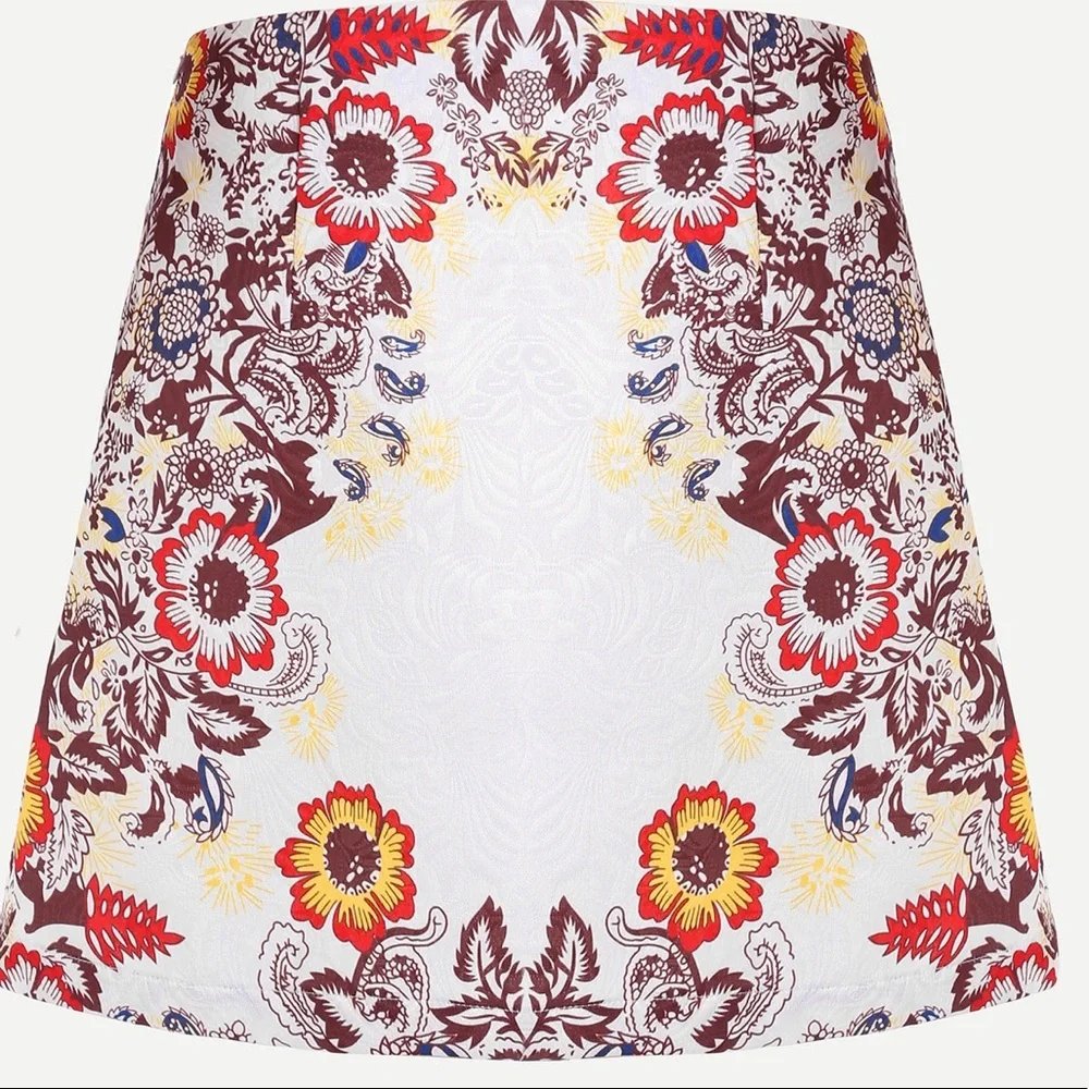 White Floral Mini Skirt | Red & Burgundy Print | A-Line Above Knee